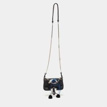 Pre Owned Fendi Black/White Leather and Fur Micro Karlito Baguette Bag