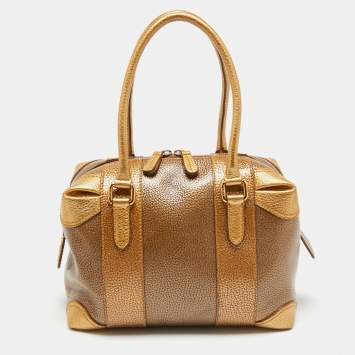 Pre Owned Fendi Gold Pebbled Leather Media Boston Bag