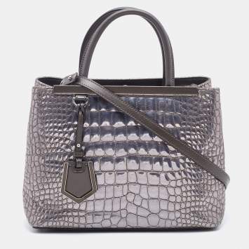 Pre Owned Fendi Silver/Brown Croc Embossed Patent Leather Small 2Jours Tote