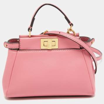 Pre Owned Fendi Pink Leather Micro Peekaboo Crossbody Bag