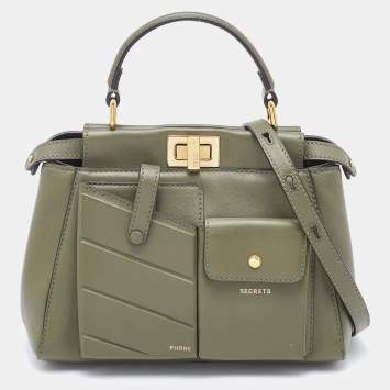 Pre Owned Fendi Olive Green Leather Mini Peekaboo Front Pocket Top Handle Bag