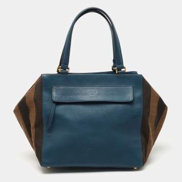 Pre Owned Fendi Blue/Tobacco Pequin Canvas,Suede and Leather Satchel