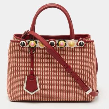 Pre Owned Fendi Red/Beige Raffia and Leather Mini Flowerland Embellished 2Jours Tote