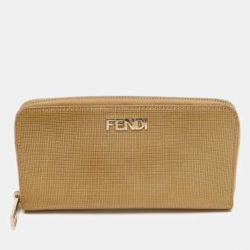 Pre Owned Fendi Gold Textured Leather Zip Around Continental Wallet