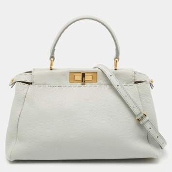 Pre Owned Fendi Light Blue Selleria Leather Made To Order Peekaboo Top Handle Bag