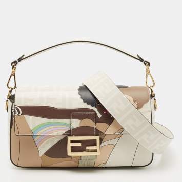 Pre Owned Fendi White FF Glazed Coated Canvas and Leather Inlay Baguette Shoulder Bag