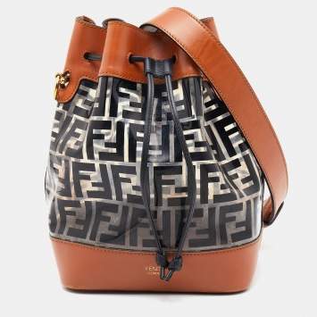 Pre Owned Fendi Brown/Black Leather and PVC FF Logo Print Mon Tresor Bucket Bag