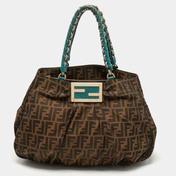 Pre Owned Fendi Tobacco/Teal Zucca Canvas and Patent Leather Large Mia Hobo