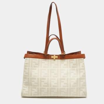 Pre Owned Fendi Brown/Off White FF Embroidery Canvas Medium X Shopper Tote