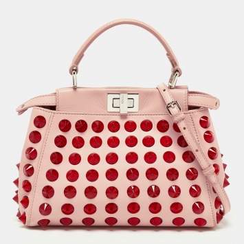 Pre Owned Fendi Light Pink Leather Mini Peekaboo Studded Top Handle Bag