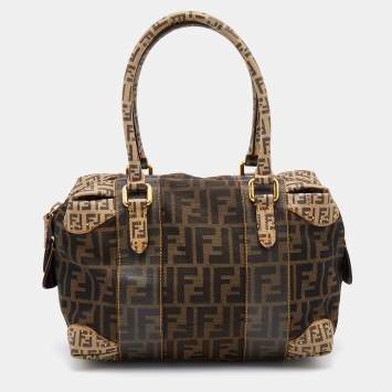 Pre Owned Fendi Brown Zucca Canvas and Coated Canvas Boston Bag