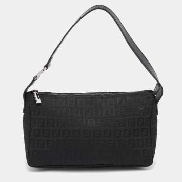 Pre Owned Fendi Black Zucchino Canvas and Leather Small Hobo