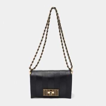 Pre Owned Fendi Black Pequin Embossed Striped Leather Claudia Small Flap Bag