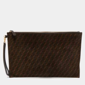 Pre Owned Fendi Tobacco Zucchino Suede and Leather Zip Wristlet Pouch