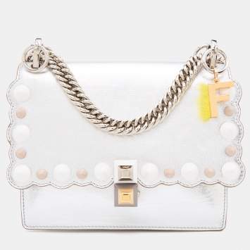 Pre Owned Fendi Metallic Silver Leather Studded Mini Kan I Chain Shoulder Bag