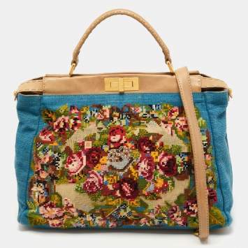 Pre Owned Fendi Multicolor Floral Embroidered Canvas and Leather Large Peekaboo Top Handle Bag