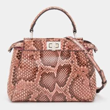 Pre Owned Fendi Peach/Brown Python Leather Mini Peekaboo Top Handle Bag