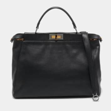 Pre Owned Fendi Black Leather w/ Calf Hair Lining Large Peekaboo Top Handle Bag