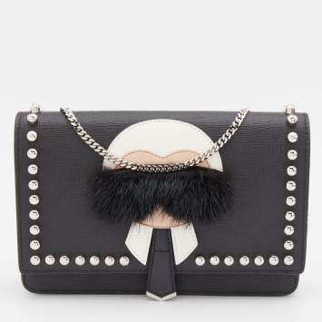 Pre Owned Fendi Black Leather Studded Karlito Wallet on Chain