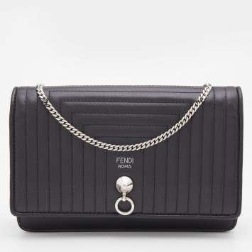 Pre Owned Fendi Black Leather Dotcom Wallet on Chain