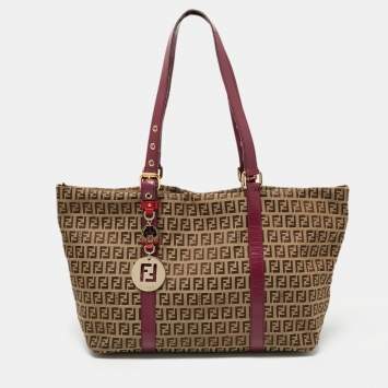 Pre Owned Fendi Tobacco/Magenta Zucchino Canvas and Patent Leather Shopper Tote