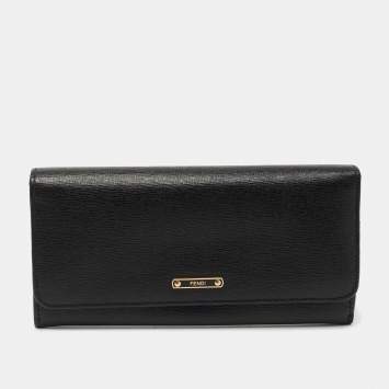Pre Owned Fendi Black Leather Flap Continental Wallet