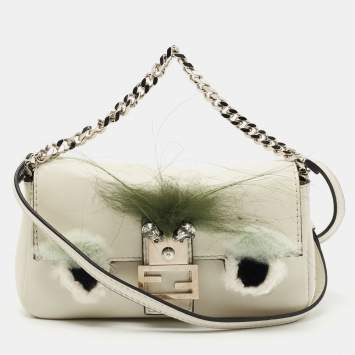 Pre Owned Fendi Off White Leather and Fur Micro Monster Baguette Bag