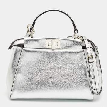 Pre Owned Fendi Silver Leather Mini Peekaboo Top Handle Bag