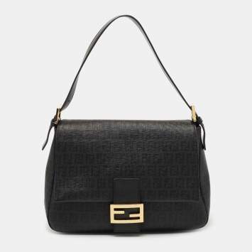Pre Owned Fendi Black Zucchino Coated Canvas Mama Baguette Shoulder Bag