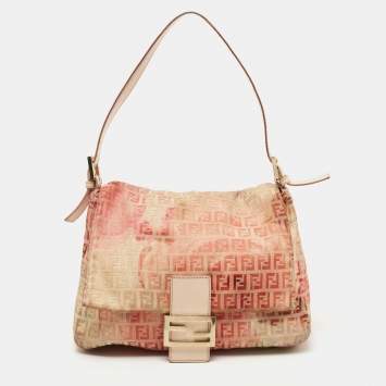 Pre Owned Fendi Pink/Beige Zucchino Canvas Mama Baguette Shoulder Bag