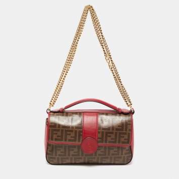 Pre Owned Fendi Tobacco/Red Zucca Coated Canvas and Leather Double F Top Handle Bag