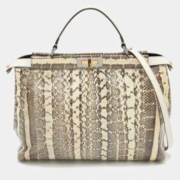 Pre Owned Fendi Beige/Black Python Leather Large Peekaboo Top Handle Bag