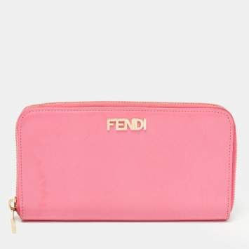 Pre Owned Fendi Pink Glossy Leather Logo Zip Around Wallet