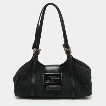 Pre Owned Fendi Black Zucchino Canvas and Leather Baguette Bag
