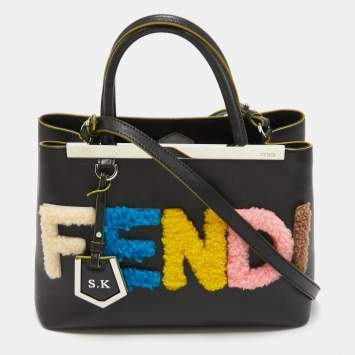 Pre Owned Fendi Black Leather and Shearling Logo Petite Sac 2jours Tote