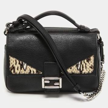 Pre Owned Fendi Black Leather and Watersnake Monster Micro Double Baguette Bag
