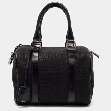 Pre Owned Fendi Black Zucchino Fabric and Leather Small Forever Bauletto Boston Bag
