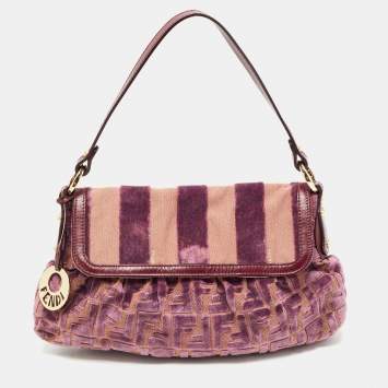 Pre Owned Fendi Purple/Beige Zucca Striped Velvet and Canvas Chef Shoulder Bag