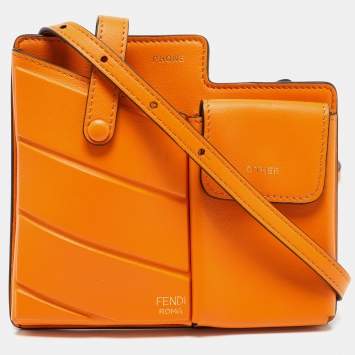 Pre Owned Fendi Orange Leather Mini Two Pocket Crossbody Bag