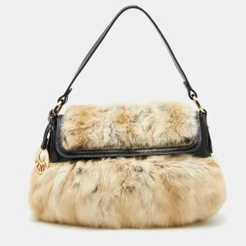 Pre Owned Fendi Dark Brown/Cream Leather and Fur Flap Chef Shoulder Bag
