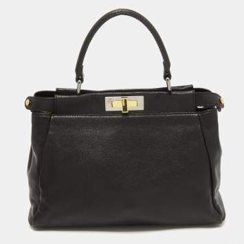 Pre Owned Fendi Black Leather Medium Peekaboo Top Handle Bag