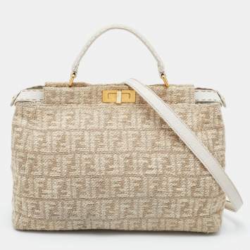 Pre Owned Fendi Beige/White Zucca Fabric and Leather Large Selleria Peekaboo Top Handle Bag