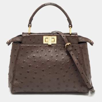 Pre Owned Fendi Brown Ostrich Leather Mini Peekaboo Top Handle Bag