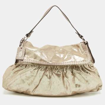 Pre Owned Fendi Gold/Grey Shimmer Suede and Selleria Leather Chef Flap Shoulder Bag
