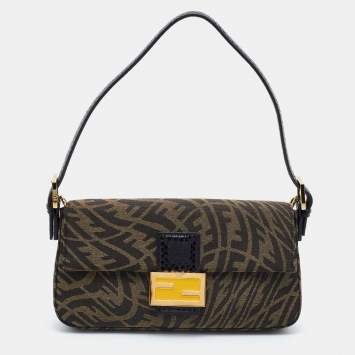 Pre Owned Fendi x Sarah Coleman Brown/Black FF Vertigo Canvas and Watersnake Leather Small Baguette 
