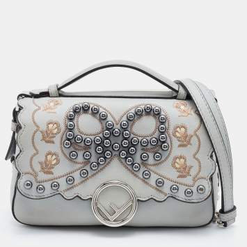 Pre Owned Fendi Grey/Beige Embellished Leather Micro Double Baguette Bag