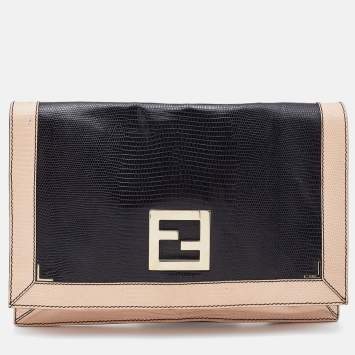 Pre Owned Fendi Black/Pink Lizard Embossed Leather Flap Clutch