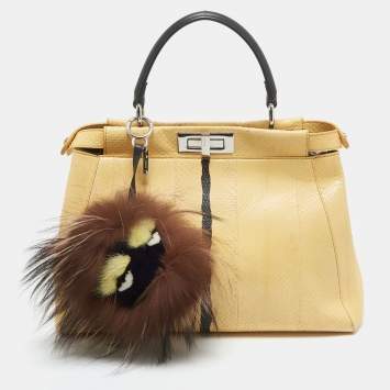 Pre Owned Fendi Yellow/Black Line Python Medium Peekaboo Top Handle Bag