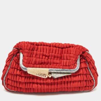 Pre Owned Fendi Red/Silver Pleated Satin Borderline Clutch
