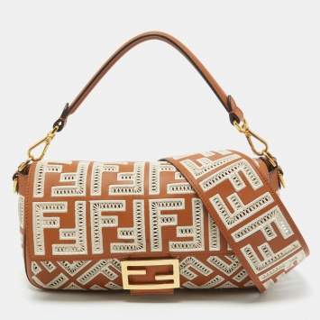 Pre Owned Fendi Brown FF Embroidery Fabric and Leather Baguette Shoulder Bag